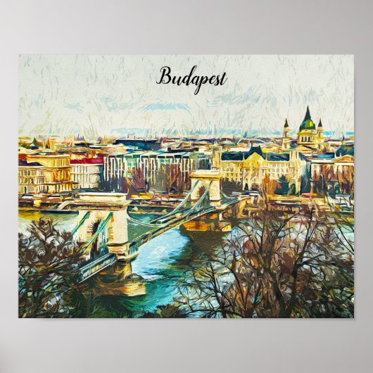 Budapest Hungary Oil Paint Panorama Uitzicht Poster (Voorkant)