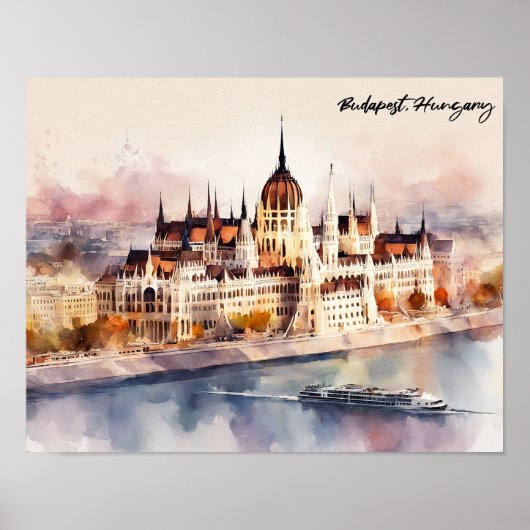 Budapest Hungary Watercolor Painting Panorama View Poster (Voorkant)