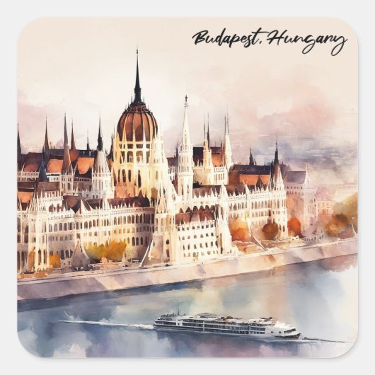 Budapest Hungary Watercolor Painting Panorama View Vierkante Sticker (Voorkant)