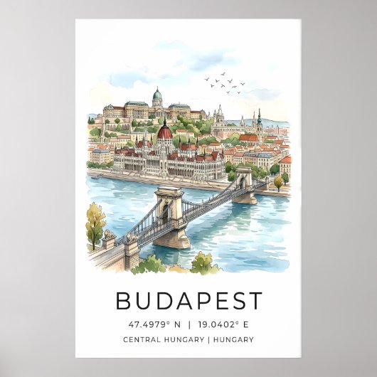 Budapest Muur Kunstprint Aquarel Stadsgezicht Poster (Voorkant)
