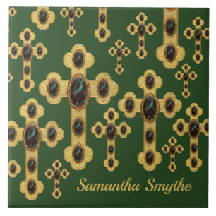 Budded Crosses met 6 Faux Bloodstones - Tegeltje