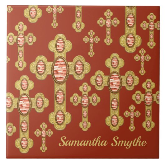 Budded Crosses met 6 Faux Red Agates - Tegeltje (Voorkant)