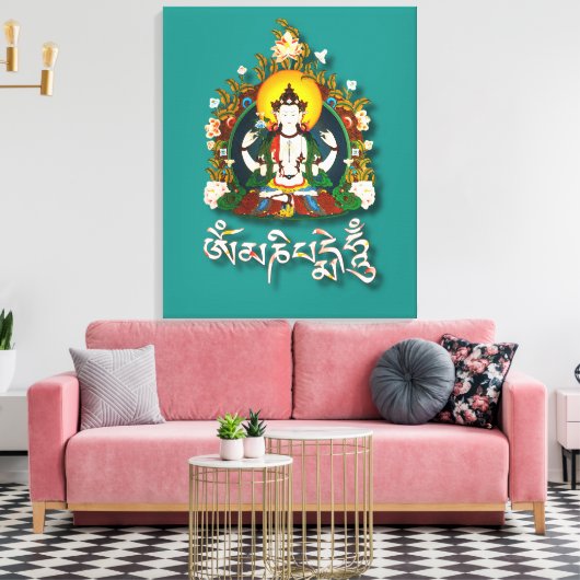 Buddha Amitabha Om Mani Padme Hum Tibetan Canvas Afdruk (Insitu (Woonkamer))