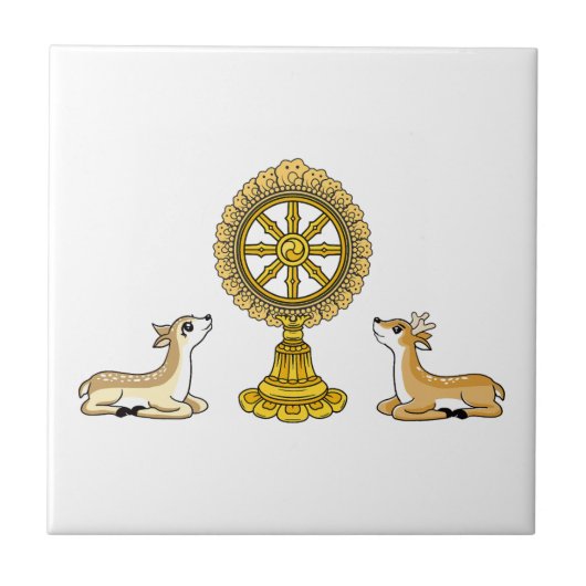 Buddha Dharma Wheel & Deers Keramische Tegel Tegeltje (Voorkant)