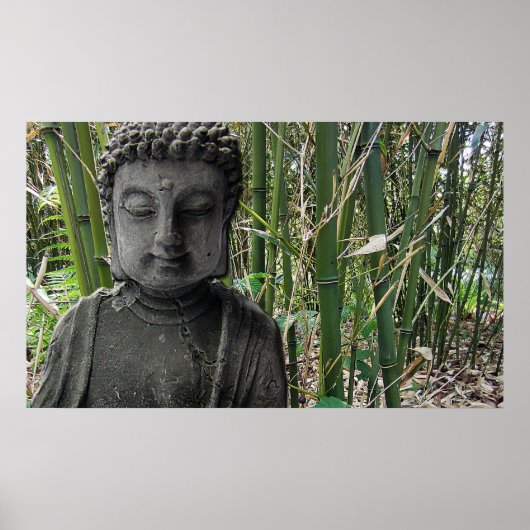 Buddha Figur mit Bambus im Hintergrund Poster (Voorkant)