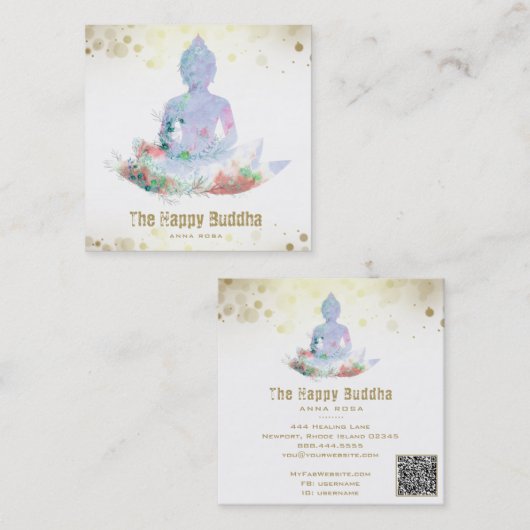 *~* Buddha Lotus AP33 Botanische Waterverf QR Vierkante Visitekaartje (Voorkant / Achterkant)
