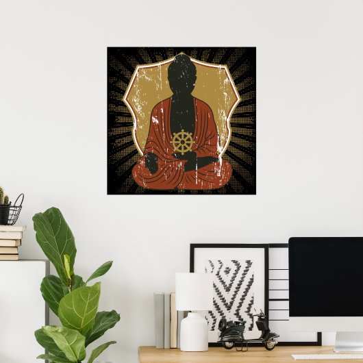 Buddha Meditating Dharma Wheel Poster (Thuiskantoor)