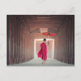 Buddhist Monk with Red Umbrella Briefkaart