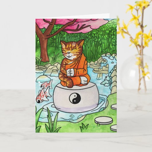 Buddhist Tabby Meditation Cat Kaart (Gele Bloem)