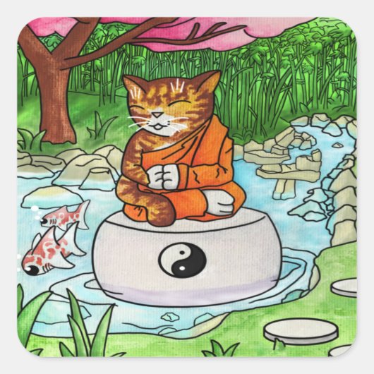 Buddhist Tabby Meditation Cat Vierkante Sticker (Voorkant)