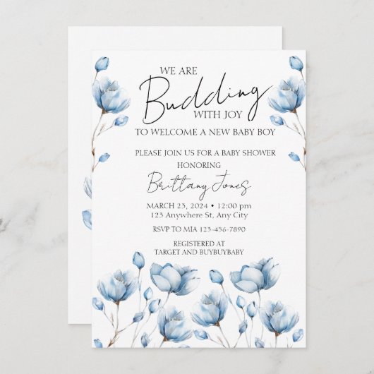 Budding met Joy Blue Baby shower Invite Kaart (Voorkant / Achterkant)