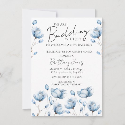 Budding met Joy Blue Baby shower Invite Kaart (Voorkant)