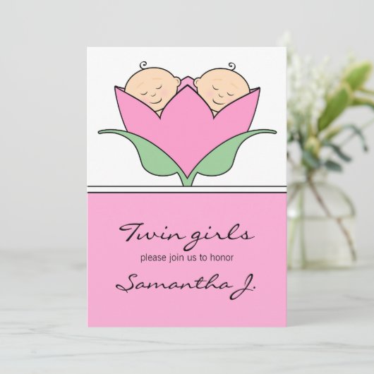 Budding Twins Baby shower Roze Tulp Uitnodiging (Staand voorkant)