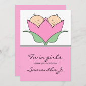 Budding Twins Baby shower Roze Tulp Uitnodiging (Voorkant / Achterkant)