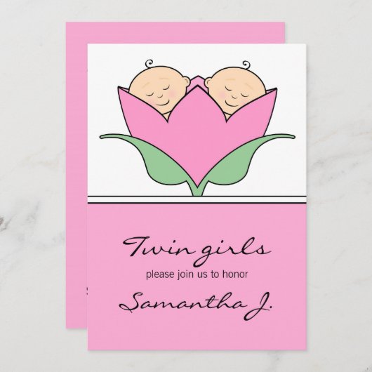 Budding Twins Baby shower Roze Tulp Uitnodiging (Voorkant / Achterkant)
