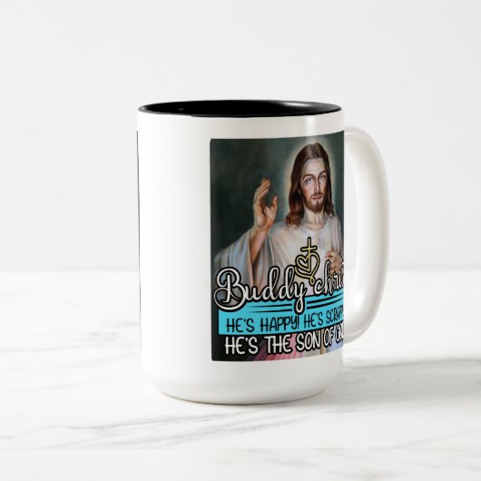 Buddy Christ, hij is blij! Hij is Scrappy! Tweekleurige Koffiemok (Voorkant rechts)