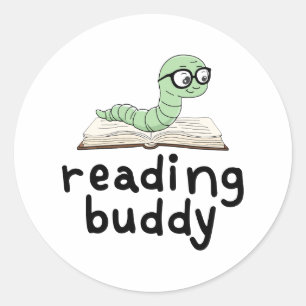 Buddy Schattigee boekenwurm lezen met boek Ronde Sticker