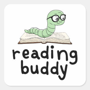 Buddy Schattigee boekenwurm lezen met boek Vierkante Sticker
