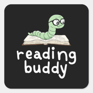 Buddy Schattigee boekenwurm lezen met boek Vierkante Sticker