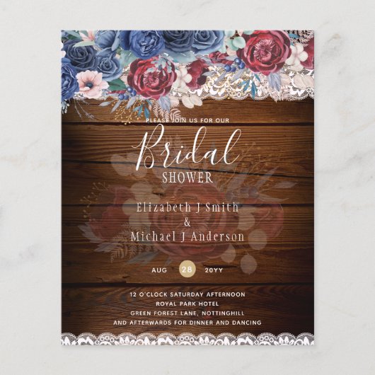 Budge Burgundy Blue Floral Vrijgezellenfeest Invit Flyer (Voorkant)