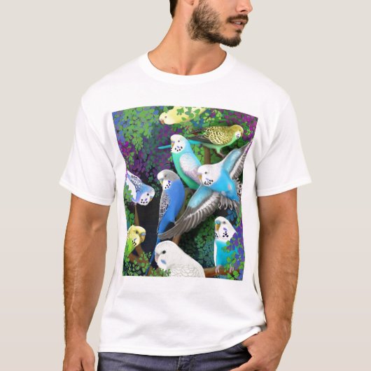 Budgerigar Parakeets en Ferns T-Shirt (Voorkant)