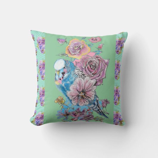 Budgerigar Rose Watercolor floral Cushion Kussen (Voorkant)