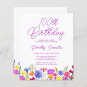 BUDGET 100e verjaardag Paarse Wildflower Uitnodigi (Voorkant / Achterkant)