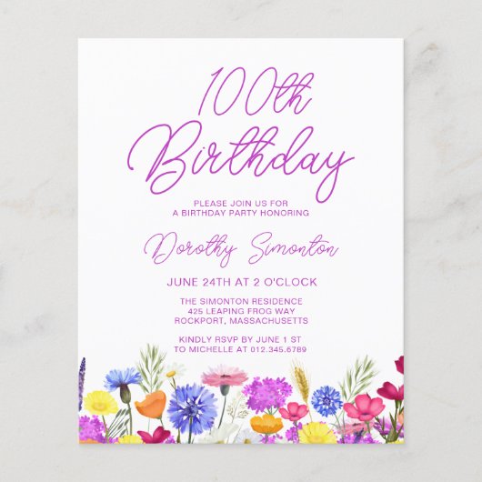 BUDGET 100e verjaardag Paarse Wildflower Uitnodigi (Voorkant)