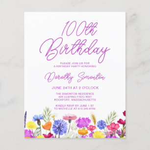 BUDGET 100e verjaardag Paarse Wildflower Uitnodigi