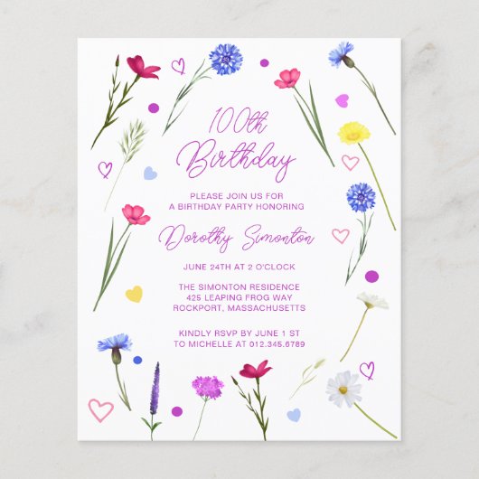 BUDGET 100e verjaardag Party Wildflower Uitnodigin (Voorkant)