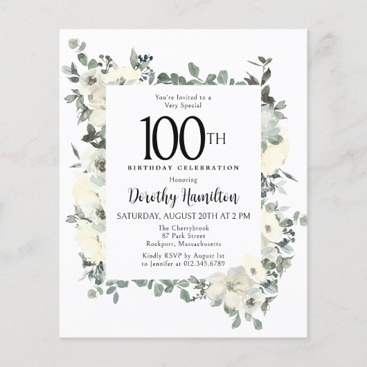 Budget 100e Verjaardag Witte Bloemen Uitnodiging (Voorkant)