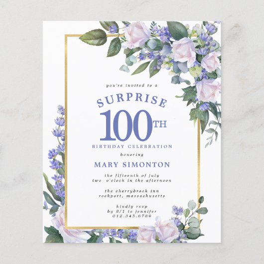 Budget 100th Verjaardag Verrassingsfeestuitnodigin (Voorkant)