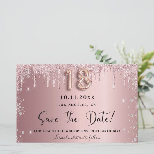Budget 18e verjaardag blush glitter save the date (Staand voorkant)
