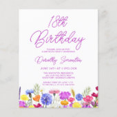 BUDGET 18e verjaardag Paarse Wildflower Uitnodigin (Voorkant)
