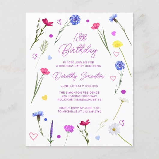 BUDGET 18e verjaardagsfeest Wildflower Uitnodiging (Voorkant)
