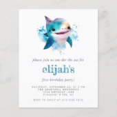 Budget 1e Verjaardag Blauwe Waterverf Haai Uitnodi (Voorkant)