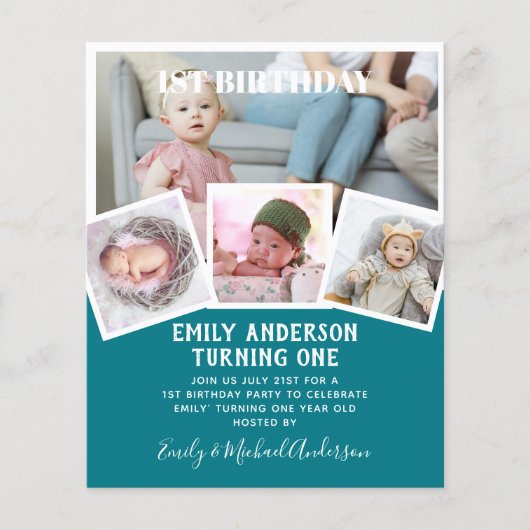 BUDGET 1e verjaardag FOTO Uitnodiging of BEDANKT Flyer (Voorkant)