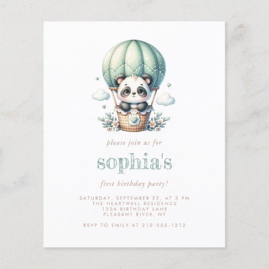 Budget 1e verjaardag groene panda ballon uitnodigi (Voorkant)