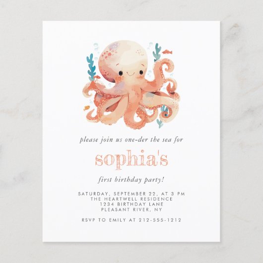 Budget 1e Verjaardag Schattigee Waterverf Octopus  (Voorkant)