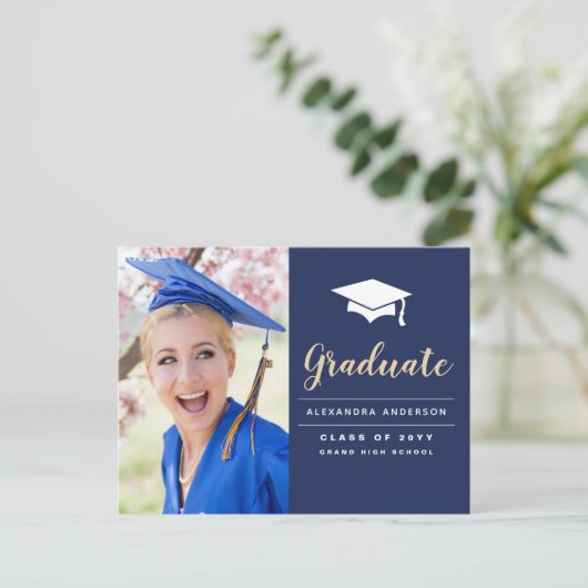 Budget 2022 Navy Blue Gold Photo Afstuderen Briefkaart (Staand voorkant)