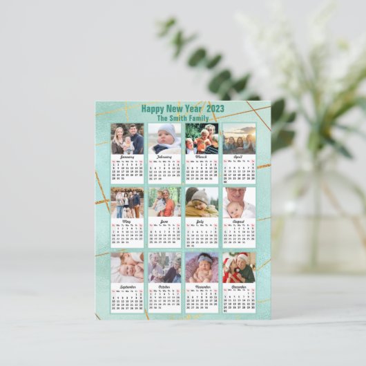 Budget 2023 Mint Green Family Photo Calendar Kaart (Staand voorkant)