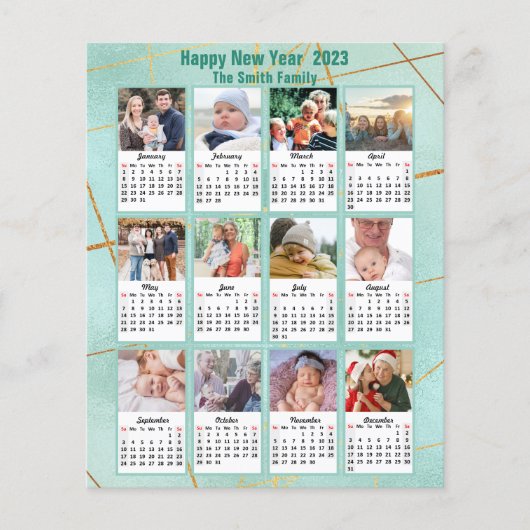 Budget 2023 Mint Green Family Photo Calendar Kaart (Voorkant)