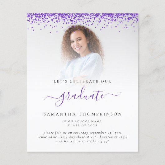 Budget 2024 Afstudeerder Foto Paarse Glitter Invit (Voorkant)