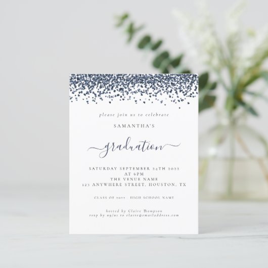 Budget 2024 Afstuderen Navy Blue Glitter Invite (Staand voorkant)