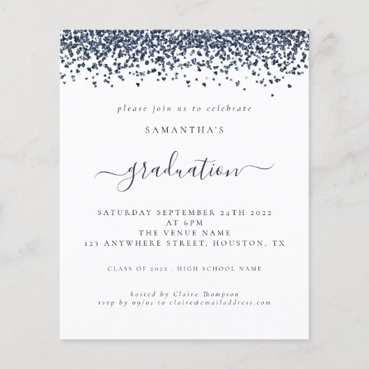 Budget 2024 Afstuderen Navy Blue Glitter Invite (Voorkant)