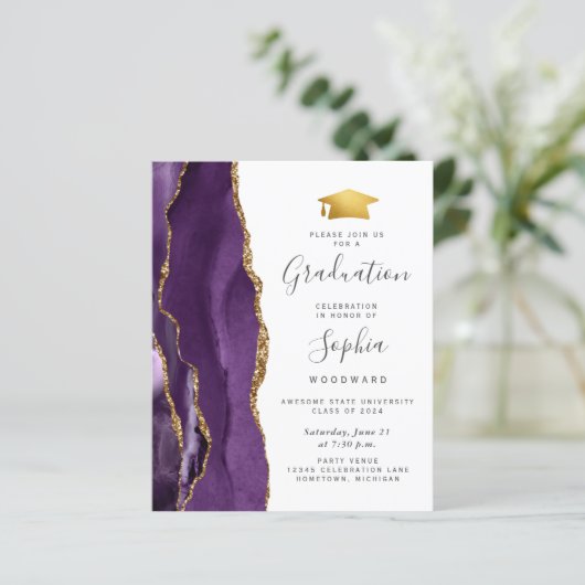 Budget 2024 Afstuderen Paarse Agaat Foto uitnodige (Staand voorkant)