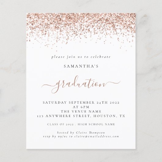 Budget 2024 Afstuderen Roos Gouden Glitter Invite (Voorkant)