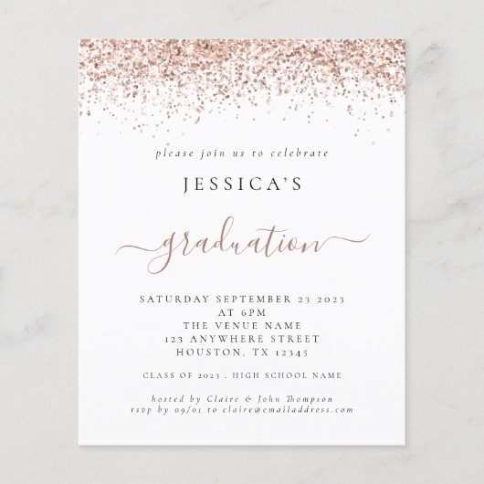 Budget 2024 Afstuderen Roos Gouden Glitter Invite (Voorkant)