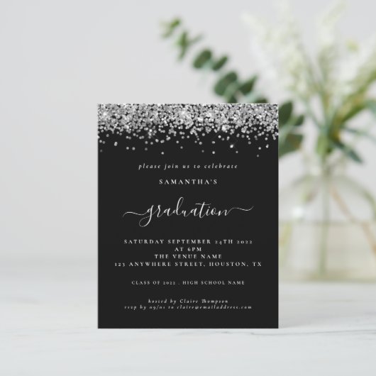Budget 2024 Afstuderen Silver Glitter Black Invite (Staand voorkant)