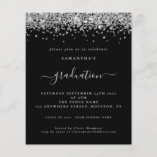 Budget 2024 Afstuderen Silver Glitter Black Invite (Voorkant)